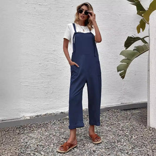 Fashion Solid Color Loose Pockets Wide Leg Jumpsuit - Phosgene