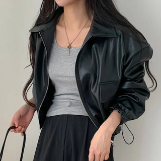 Lapel Double Zipper Pocket Long Sleeve Leather Coat - Phosgene