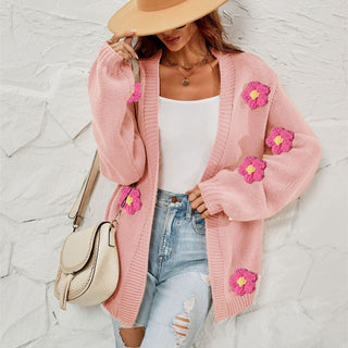 Women's Fashion Casual Flower Cardigan Lantern Sleeve Sweater Coat - Phosgene