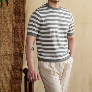 Striped Navy-striped Shirt Breathable Tencel Cotton Round Neck Short Sleeve T-shirt Phosgene