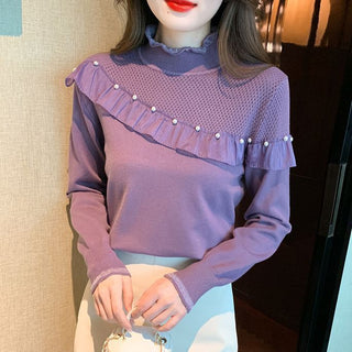 Women's Ruffled Stitching Half-high Collar Long Sleeves Knitwear - Phosgene