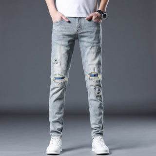 New Patch Ripped Jeans Men's Stretch Phosgene