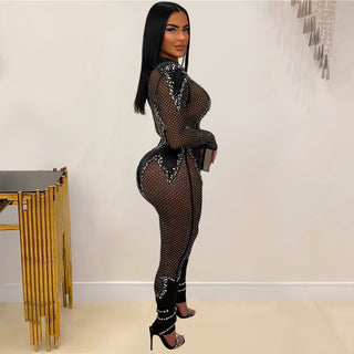 Wear Pure Color Mesh Rhinestone Long-sleeved Trousers Jumpsuit - Phosgene