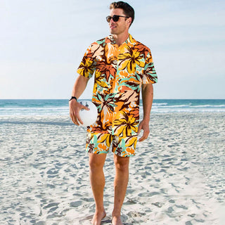 Men's Digital Printing Seaside Vacation Beach Pants Shirt Two-piece Set Phosgene