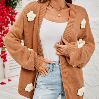 Women's Fashion Casual Flower Cardigan Lantern Sleeve Sweater Coat - Phosgene