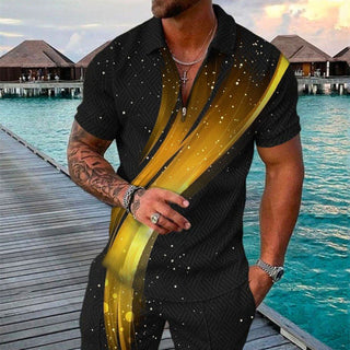 Men's Summer Fashion 3D Printed Short Sleeve Geometric Zip Lapel Shirt Set Phosgene