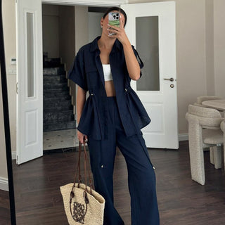 European And American Style Fashion Casual Set Women's Overalls Style Drawstring Pocket Two-piece Women's Clothing - Phosgene