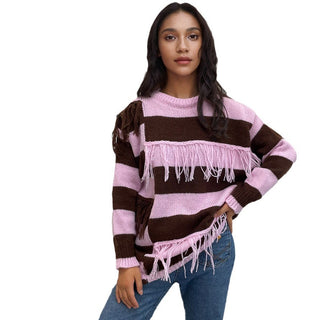 Contrast Color Tassel Sweater Sweater Striped European And American Top - Phosgene