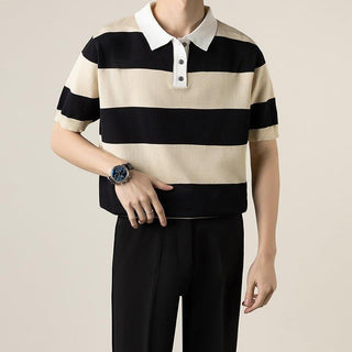 Lightly Mature Knitted Polo Shirt Casual Striped Short Sleeve Phosgene