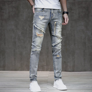 Distressed Raw Hem Ripped Stitching Stretch Denim Trousers Phosgene