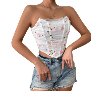 Flower Embroidery Fishbone Short Mesh Outer Wear Tube Top - Phosgene