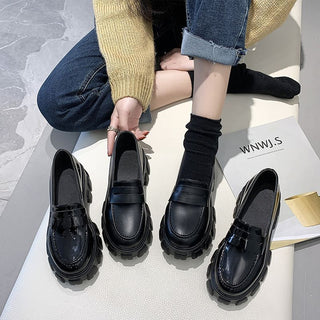 Women's Thick Heel Versatile Black Small Leather Shoes - Phosgene