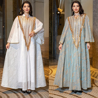 Festival Evening Dress Arabic Dubai Mesh Embroidered Sequins Robe Middle East - Phosgene