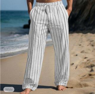 Men's Linen Drawstring Elastic Waist Straight Striped Comfortable Breathable Casual Pants Phosgene