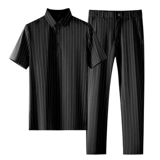 Men's Ice Silk Stripes Casual Short Sleeve Trousers Suit - Phosgene