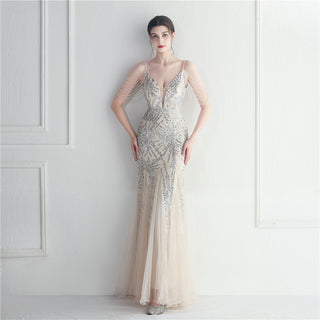 Mesh Beaded Bridal Wedding Dinner Long Camisole Evening Gown - Phosgene