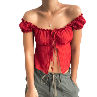 All-match Short Sleeve Puff Sleeve Hot Girl Tied Top Women - Phosgene