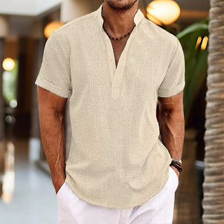 Stand Collar Men's Half Cardigan Cotton And Linen Short Sleeve Shirt Phosgene