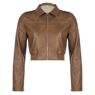 Women's Retro Hong Kong Style Lapel Long-sleeved Leather Jacket - Phosgene