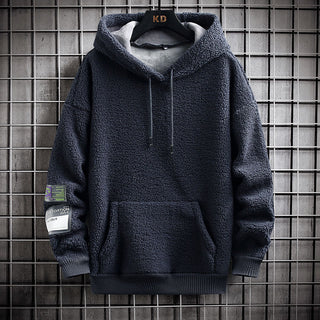 Men's Hooded Drawstring Pocket Lamb Wool Sweatshirt Velvet Padded Thickened Coat - Phosgene