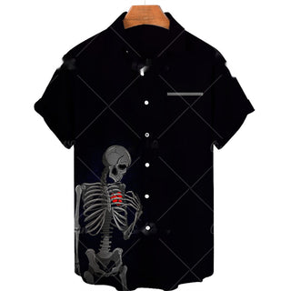 Men's Short-sleeve Lapel Shirt 3D Digital Skull Printed Shirt Phosgene