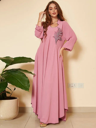 Women's Long Sleeve Chest Applique Middle East Loose Dress - Phosgene