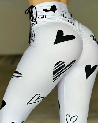 Drawstring Heart Print Yoga Sports Hip-hop Fitness Leggings - Phosgene