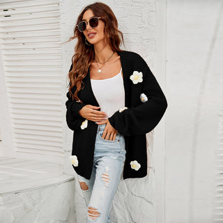 Women's Fashion Casual Flower Cardigan Lantern Sleeve Sweater Coat - Phosgene