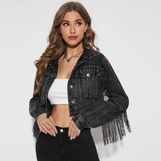 Women's Fashionable Fringed Stitching Distressed Denim Jacket - Phosgene