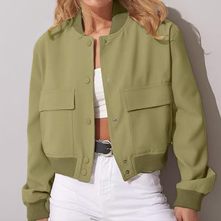 Fashion Button Stand-collar Jacket With Big Pockets Casual Loose Short Outwear Tops Coat For Women Clothing - Phosgene