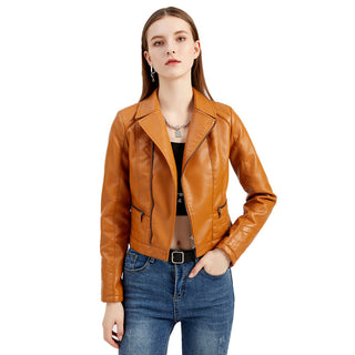 Womens Fashion Lapel Spring And Autumn Washed PU Leather Jacket - Phosgene