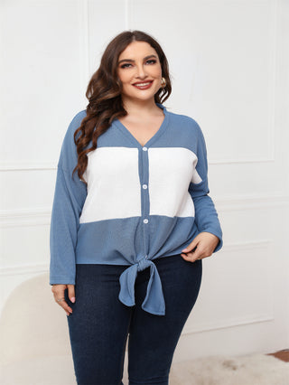 Long-sleeved V-neck Open Placket Top - Phosgene