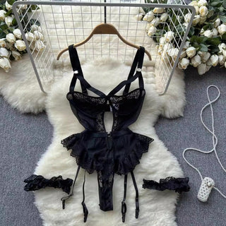 Lace Lace Lace Garter Split See-through Strappy Low-cut Hollow High Fork Jumpsuit - Phosgene