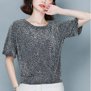 Plus Size Loose-fitting Belly-covering Bright Silk Bottoming Leopard Print Shirt - Phosgene