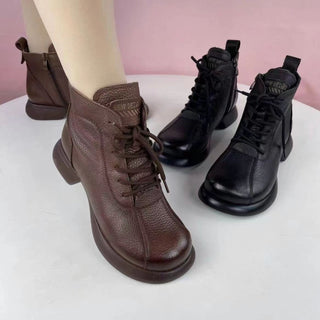 Round Toe Lace-up Platform Ankle Boots - Phosgene