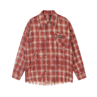 Distressed Tie-dyed Plaid Long-sleeved Shirt Men's Fashion Brand Phosgene