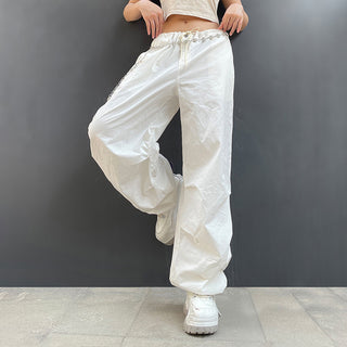 Hot Girl Tooling Elastic Band Drawstring Low Waist Wide-leg Casual Pants - Phosgene