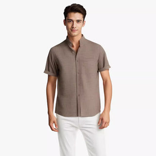 Solid-color Short-sleeved Lapel Shirt Summer Breathable Cotton And Linen Top Mens Clothing Phosgene