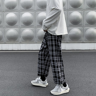 Leisure Plaid Loose Fried Street Draping Draggle-tail Straight Trousers Phosgene