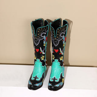 Denim Western Shoes Women's Leather Boots Exquisite Embroidery - Phosgene