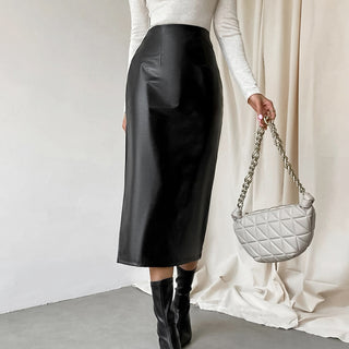 Commuter French Sheath PU Leather Skirt Autumn And Winter Black Slit Straight Skirt - Phosgene