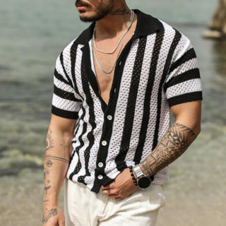 New Men's Casual Loose Striped Cardigan Polo Shirt Short Sleeve Phosgene