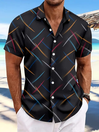 Summer New Men's Striped Feather Casual Beach Short Sleeve Button Shirt Phosgene