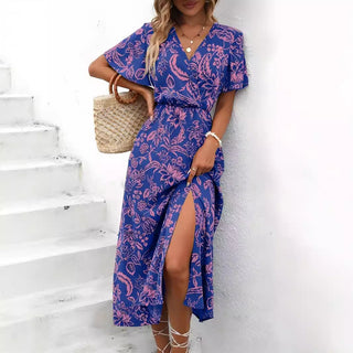 Women's Tropical Printing V-neck Split Dress Women - Phosgene