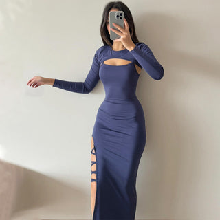 Long-sleeved Shawl Straps Sexy Suspenders Slit Hip Skirt Fashion Suit For Women Phosgene