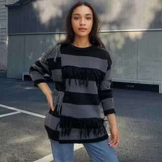 Contrast Color Tassel Sweater Sweater Striped European And American Top - Phosgene