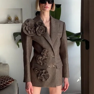 Temperament Commute Style Handmade Three-dimensional Flower Decoration Stitching Double-breasted Women's Suit Jacket - Phosgene