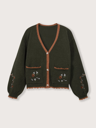 Lace Olive Green Pocket Embroidered Button Knitted Coat - Phosgene