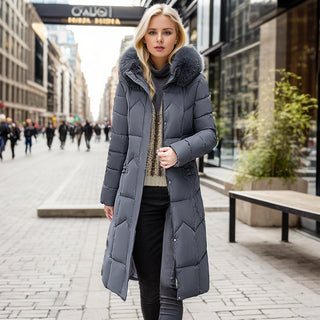 Winter Long Coat With Thickened Fur Collar Straight Slim Cotton-padded Jacket Women - Phosgene