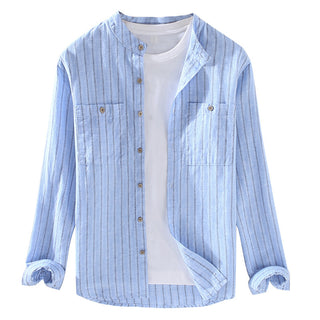 Stripe Double Pocket Chinese Style Stand Collar Casual Cotton Linen Long Sleeve Blouse Phosgene